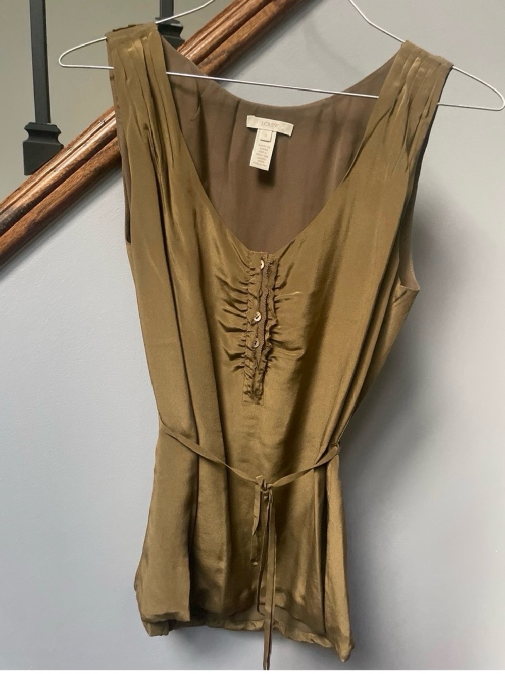 J. Crew NWT Olive Green 100% silk Ruffle-Front Tie-Waist Camisole